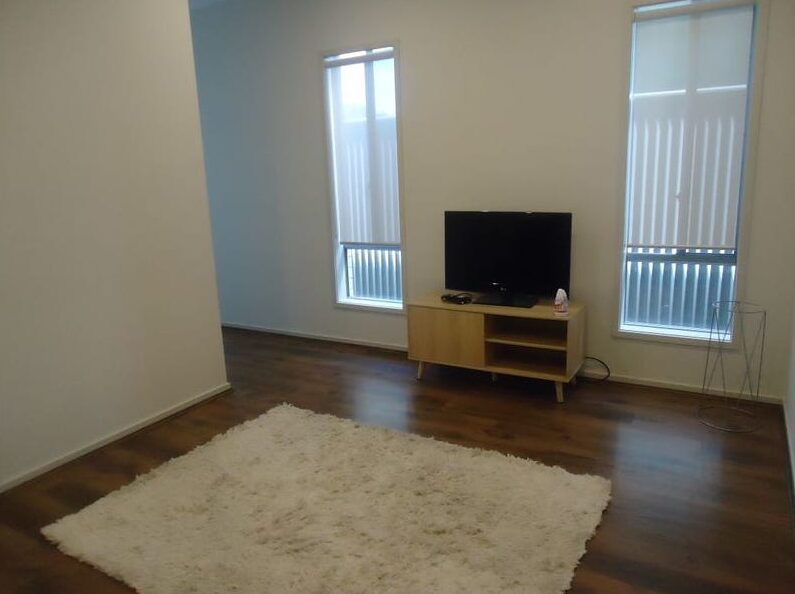 Living area featuring a TV cabinet, television, fluffy white rug, and vertical window blinds.